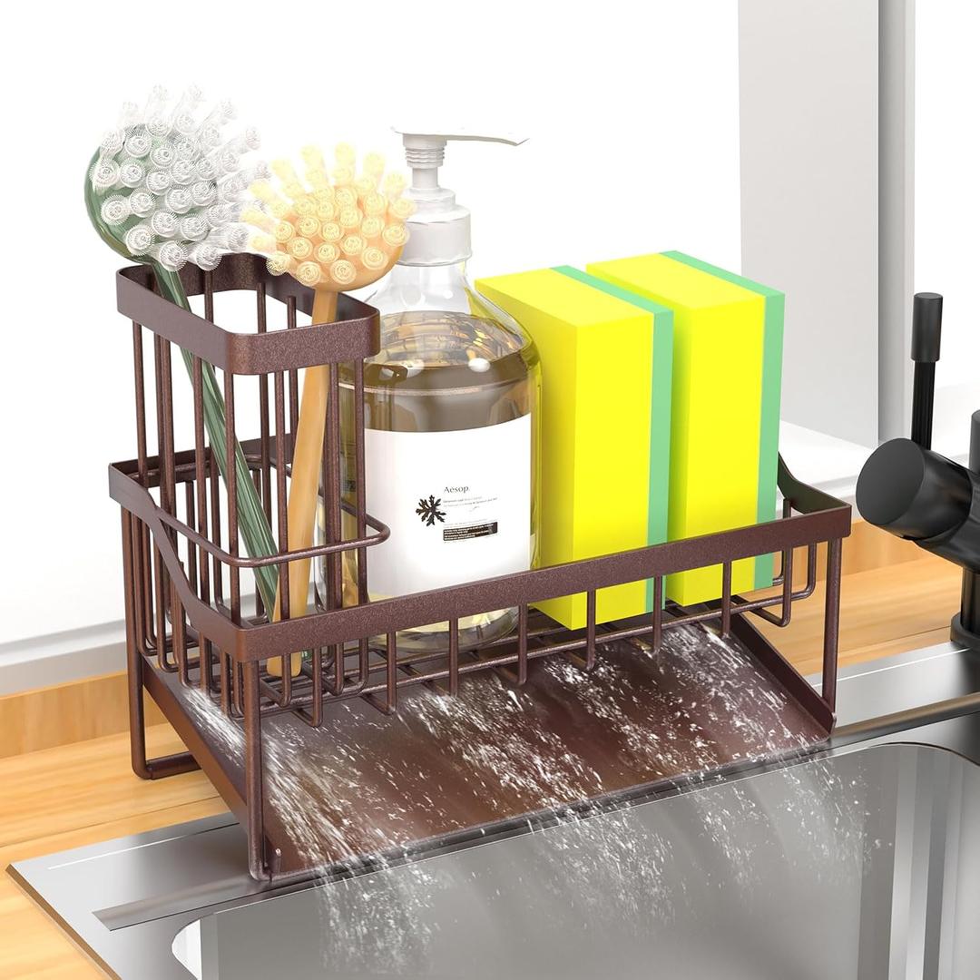 Kitchen Sink Caddy Sponge Holder for Kitchen Sink with Brush Holder, Cocina Organizer and Storage Dish Soap Sponge Caddy with Auto Stainless Steel Draining Tray (Bronze)