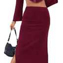 olrain Y2K Women 2 Piece Outfits Long Sleeve Boat Neck Crop Top High Waist Slit Bodycon Skirt Sets Ribbed Knit Spring Fall L