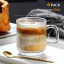 6 x Qipecedm 6 PACK Premium Glass Coffee Mugs with Handle, 12 OZ Classic Vertical Stripes Glass Coffee Cups, Transparent Tea Cup for Hot/Cold Beverages, Glassware Set for Americano, Latte, Cappuccino