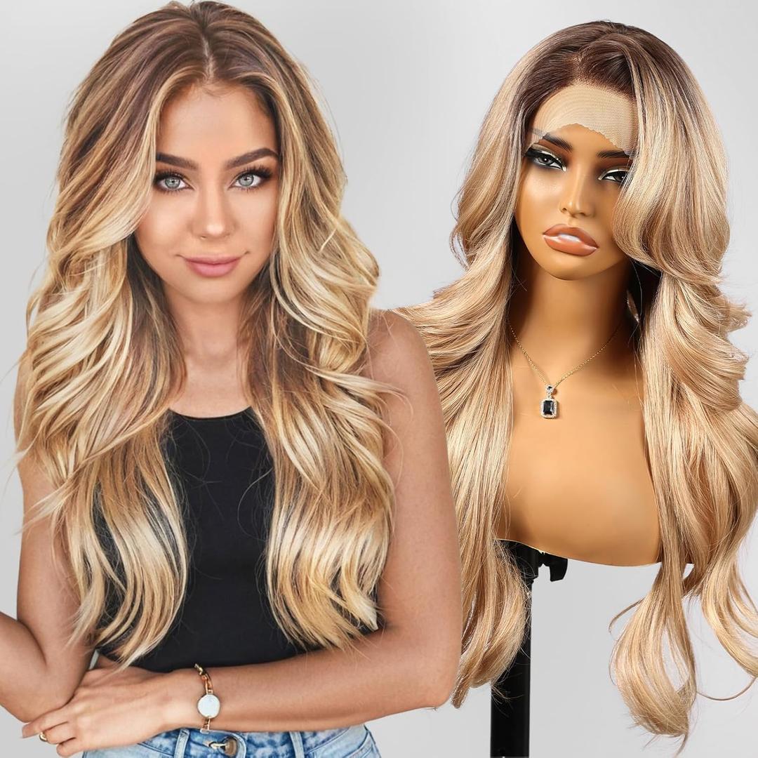 KOME Dirty Blonde Synthetic Lace Front Wig,13x4 HD Lace Layered Wave Glueless Wigs for Women Daily Use 26IN