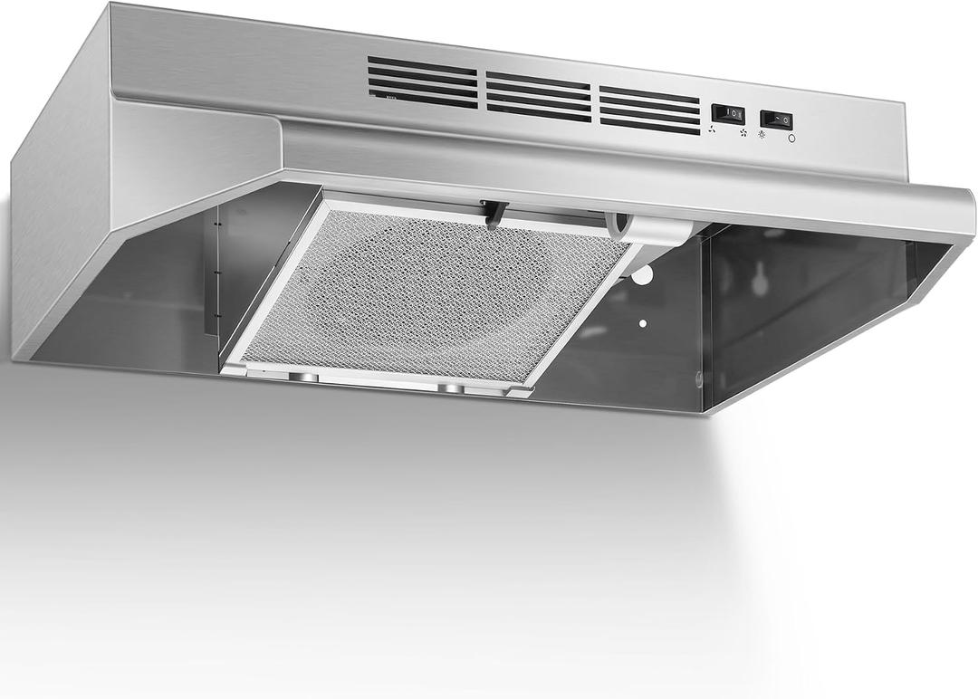 Under Cabinet Range Hood 24 Inch, 400 CFM Stainless Steel Convertible Vent Hood with 2 Speed Exhaust Fan and Rocker Switch Control, Ducted/Ductless Kitchen Hood with Multiple Venting Options