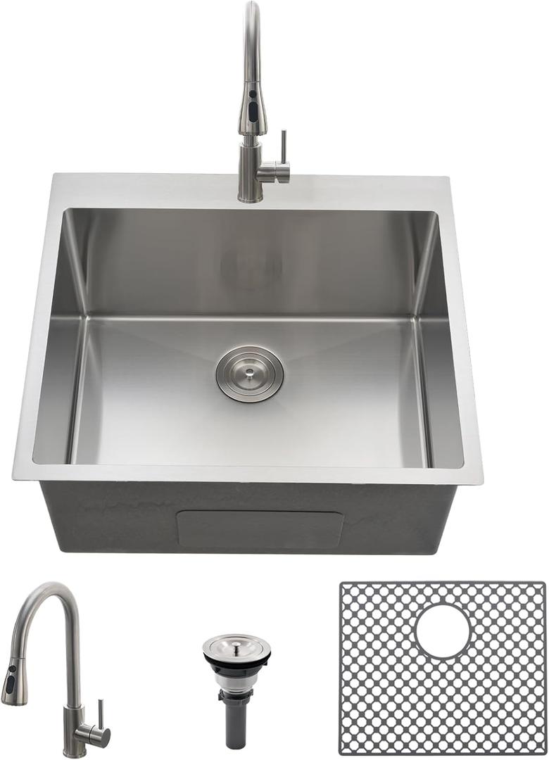 25 Inch Drop In Laundry Sink with Faucet-Brovy 25x22 Stainless Steel Utility Sink Drop In 12" Deep 16 Gauge Top Mount Single Bowl Laundry Room Sink with Mat (Brushed Nickel)