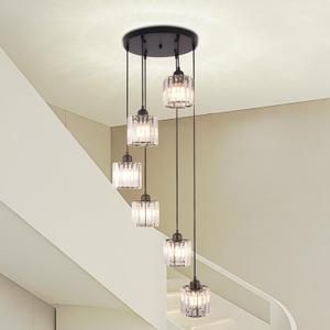 Long Chandelier for High Ceilings Modern Crystal Long Pendant Light Raindrop Drop Lamp Hanging Flush Mount Chandelier Ceiling Light for Staircase Foyer Living Room Entryway 6 Lights, Medium