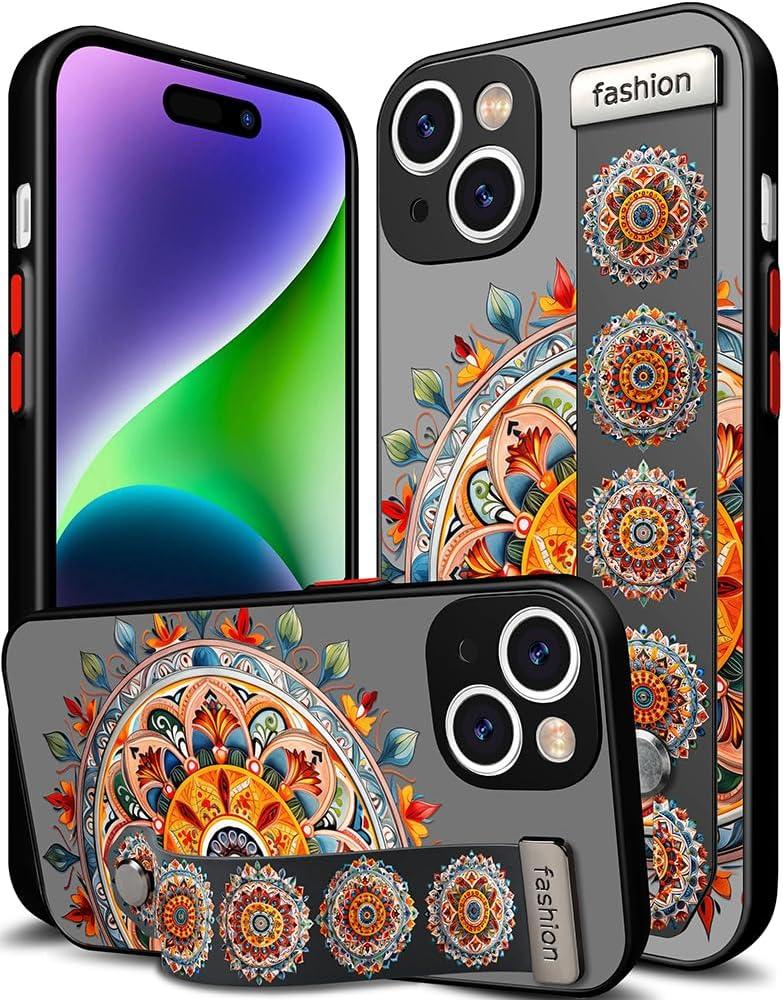 Compatible for iPhone 14 Case Cute with Strap Stand Finger Kickstand, Designer Cool Silicone Cases Funda Cover - Orange Flower Mandala