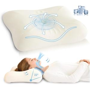 Cervical Neck Pillow for Pain Relief, Odorless Memory Foam Pillow with Cooling Cover & Dual Height, Ergonomic Contour for Neck & Shoulder Support, for Side, Back & Stomach Sleepers