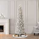 Puleo International 6.5ft Pre-Lit Flocked Portland Pine Pencil Christmas Tree with 300 Clear Lights, 410 Realistic Dense Snow Flocked Branch Tips, Easy Setup Artificial Trees with Sturdy Metal Stand
