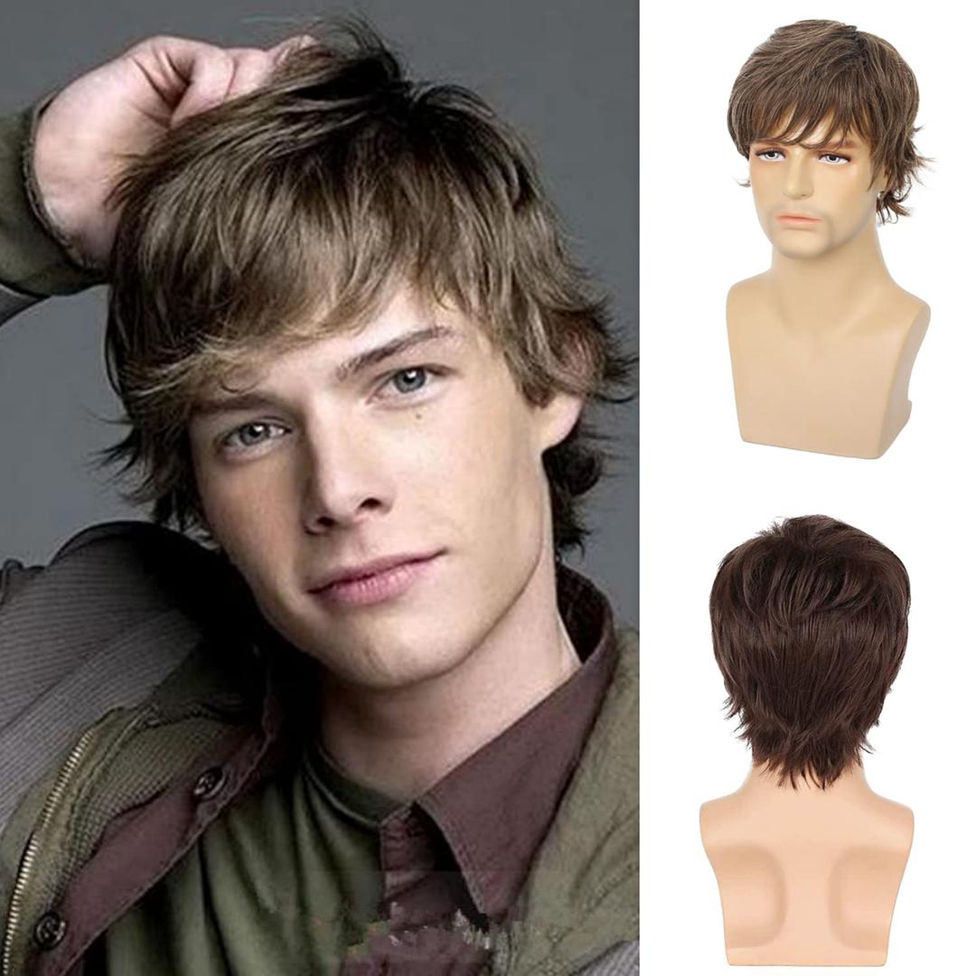 Mens Short Brown Wigs Natural Layered Fluffy Wigs Synthetic Hair Wig for Halloween Costume Cosplay with Wig Cap