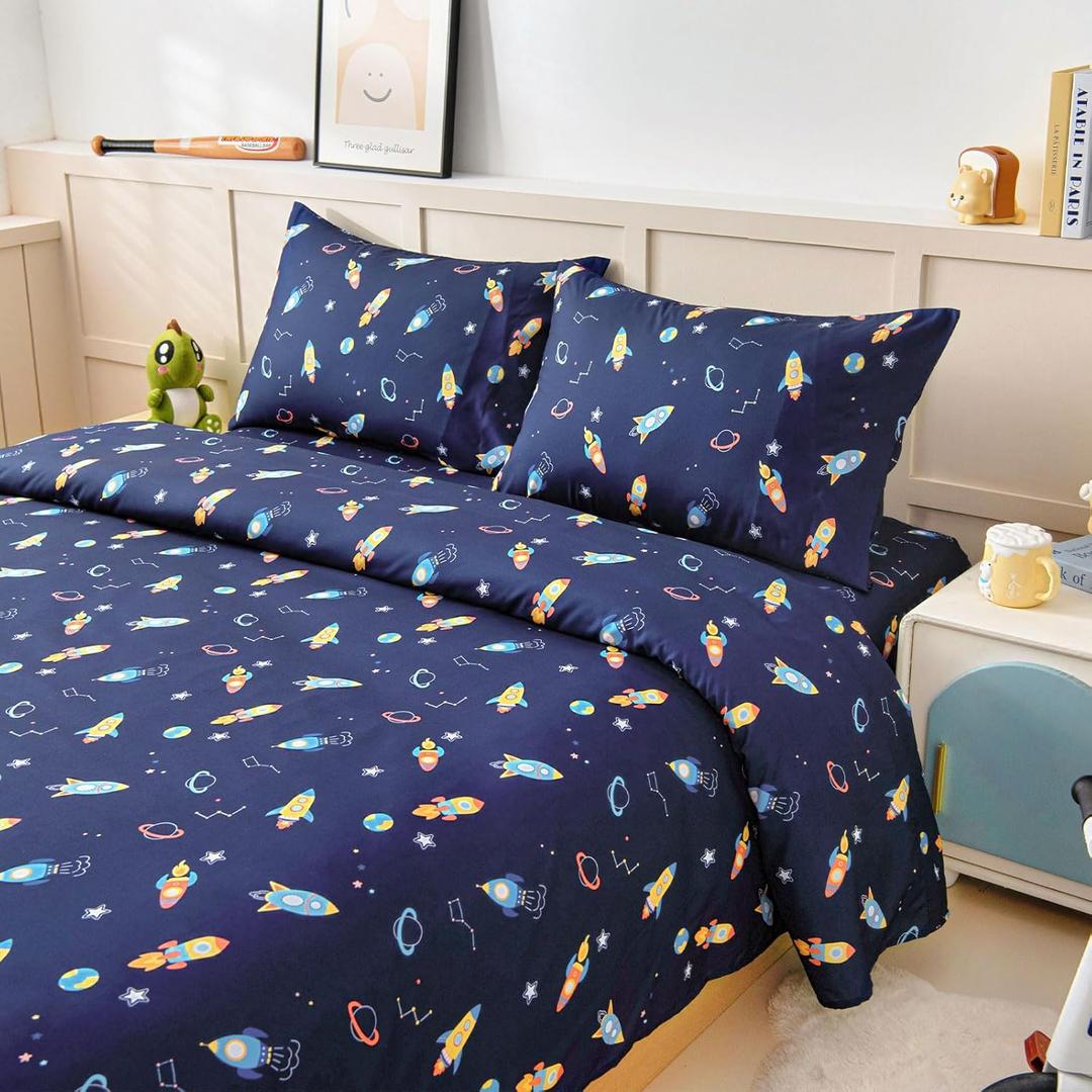 Full Size Sheet Set for Kids Boys, 4-Piece Bed Sheet Set for Teens Boys Girls, Cartoon Printed Bedding Set, Microfiber Deep Pocket, Wrinkle & Fade Resistant, Space Rocket