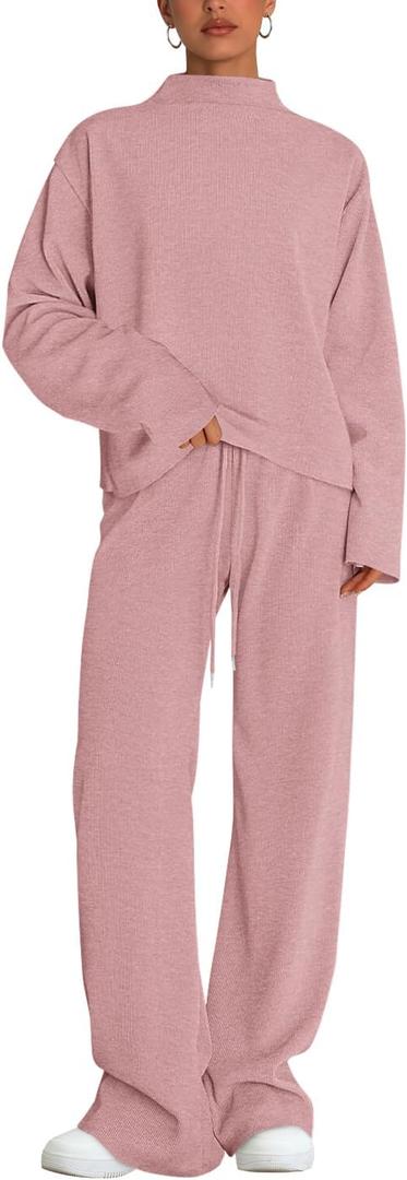PRETTYGARDEN Women Spring Sweatsuits Two Piece Sets Mock Neck Long Sleeve Knit Tops Wide Leg Pants Lounge Set Travel Outfits (Small, Pink)