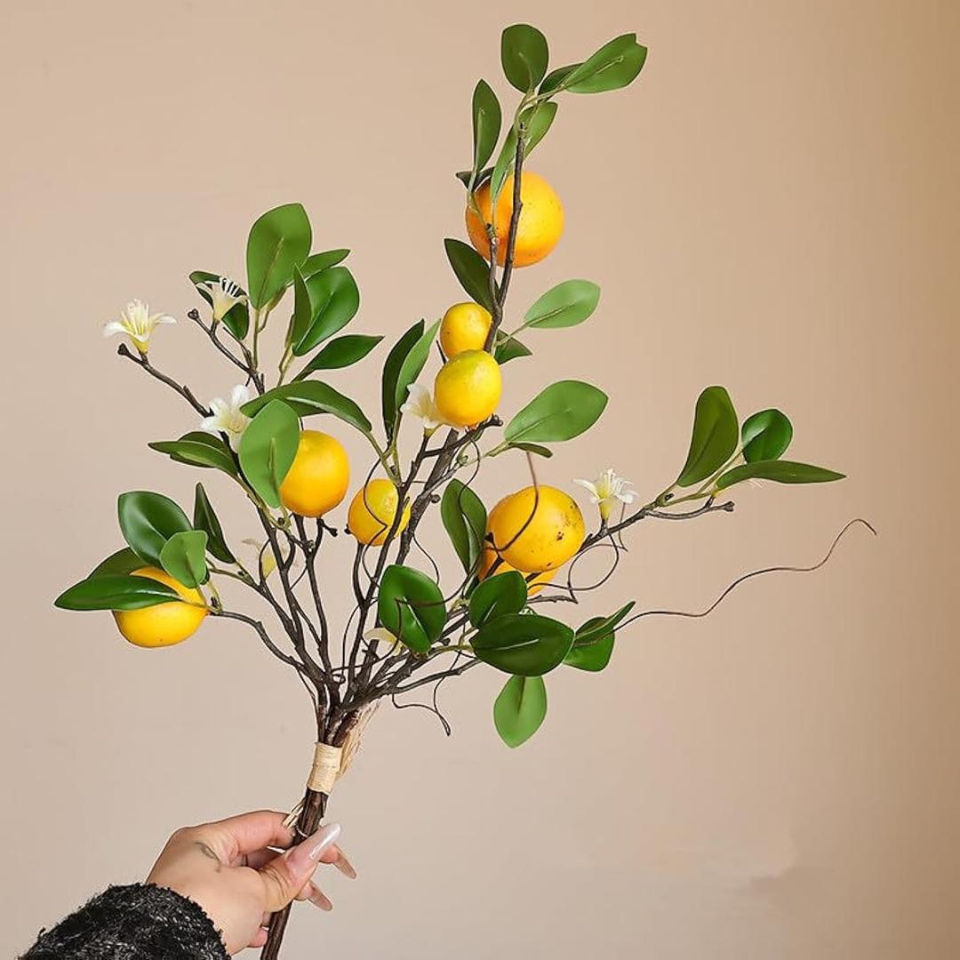 Artificial Lemons Branches Decor,8 Head Faux Lemons Fruit with Green Leaf and Branch,Realistic Fake Lemon Decoration for Kitchen,Party,Farmhouse,Table Centerpiece,Home Decoration