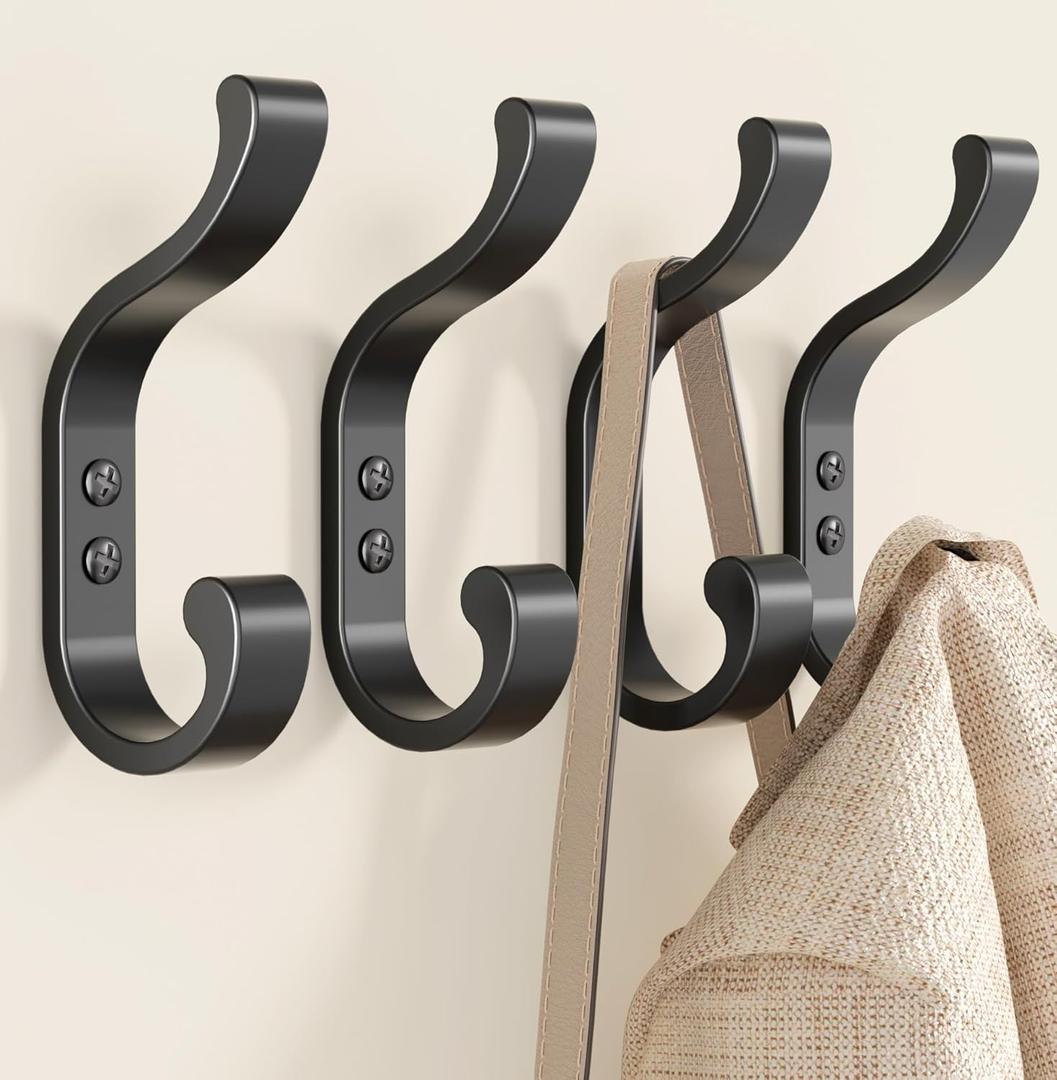 4 Pack Large Wall Hooks for Hanging Coats - Black Heavy Duty Coat Hooks Wall Mounted, Screw-in Hooks for Towels, Clothes, Backpacks, Bags, Robes, Hats, Keys - Closet and Bathroom Hook Hangers