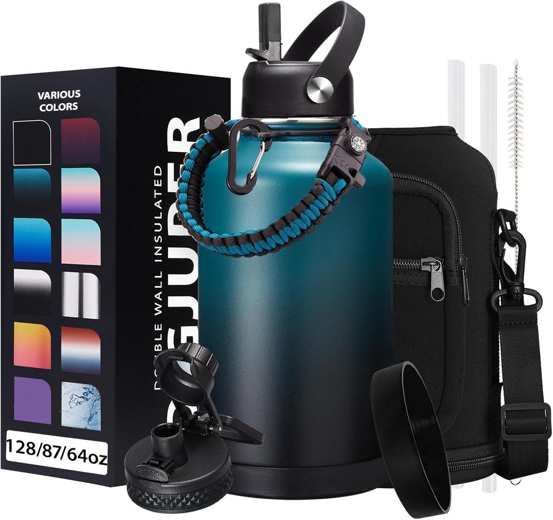 Half-gallon Insulated Water-Bottle with Straw - Stainless Steel Thermo Jug with Spout Straws Lids, Paracord Handle & Bottle Sleeve, 64OZ Vacuum Thermo Water Bottle for Camping Trip (Indigo Black Gradient)