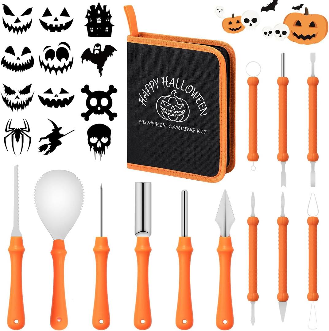 12PCS Halloween Pumpkin Carving Kit with 12 Stencils,Professional Stainless Steel Pumpkin Carving Tools with Storage Hand Bag,Pumpkin Carving Set for Halloween Decorations,Both Adluts & Kids