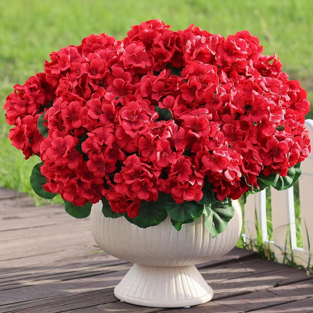 16 Bundles18" Artificial Geranium Flowers for Outdoor Spring Summer Decoration,Fake Silk Geranium Faux Plants UV Resistant for Front Door Planter Outside Home Garden Balcony Yard Porch Decor (Red)