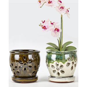 Vensovo 4 Inch Ceramic Orchid Pots with Holes and Saucers - 2 Pcs Small Succulent Pot for Repotting, Garden Flowerpots for Plants Indoor and Outdoor Promotes Air Circulation (Olive Green, Green Mixed)