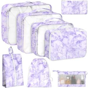 8 Set Packing Cubes for Travel, Luggage Packing Organizers Accessories Large Toiletries Bag for Clothes Shoes Cosmetics (8Set-Purple Marble)