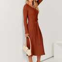 ANRABESS Womens Long Sleeve Fall Dress 2025 V Neck A-line Tie Waist Ribbed Knit Bodycon Midi Sweater Dresses Rust Small