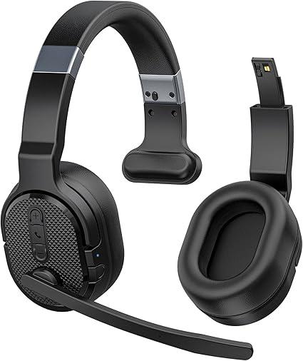 COSMUSIS Trucker Bluetooth Headset, Wireless Headsets with Noise Cancelling Microphone, Long Battery Life Bluetooth Headphones with Detachable Earpad/Single+Dual Mode for Office/Driving/Home
