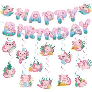 Clabby 27 Pcs Axolotl Birthday Party Decorations Set, Happy Birthday Banner with Ceiling Hanging Swirls Pink Salamander Reptile Theme Decor for Girls and Kids, Axolotl Baby Shower Party Supplies