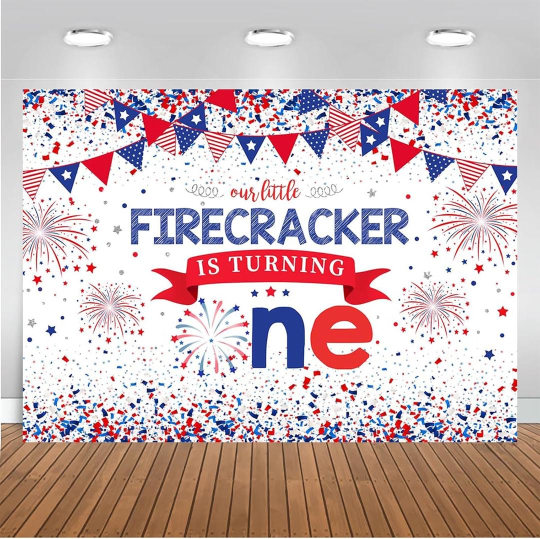 Mocsicka 7x5ft Independence Day 1st Birthday Backdrop 4th of July Our Little Firecracker is Turning One First Birthday Decorations Background Fireworks Photography Photobooth Props