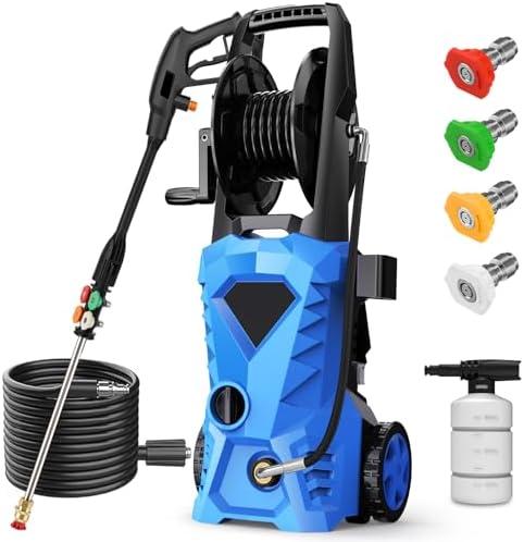 5000PSI Electric Pressure Washer - 2025 New Electric Power Washer with Upgraded 33ft Pressure Washer Hose Reel, Foam Cannon, 4 Nozzle Set, Power Washer for House/Patios/Car/Fence, Blue