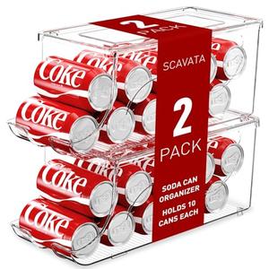 SCAVATA 2 Pack Stackable Refrigerator Organizer, Soda Can Dispenser Pop Cans Container Beverage Holder with Lid for Fridge, Freezer, Kitchen, Clear Plastic Storage Bins-Holds 10 Cans Each