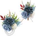 Canlierr 2 Pcs Dusty Corsage and Boutonniere Set Men Boutonnieres Corsage Bracelets Wristlet Band Wedding Flowers Accessories for Men Prom Suit Decorations(Blue), 7 centimeters