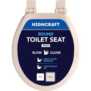 HIGHCRAFT Premium Round Toilet Seat with Slow-Close Design, Adjustable Hinges & Quick Removal Mechanism - Molded Wood Toilet Seat - Fits Standard Round Toilets - Toilet Seat in Bone/Beige