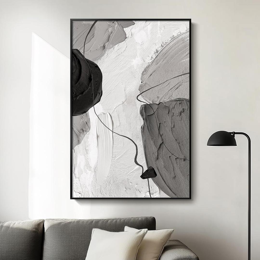 Framed Black and White Abstract Canvas Wall Art, Large Modern Art Prints Paintings Artwork for Walls, Minimalist Gray Pictures for Living Room Bedroom Dining Room Office Bathroom Wall Decor 24x36 In
