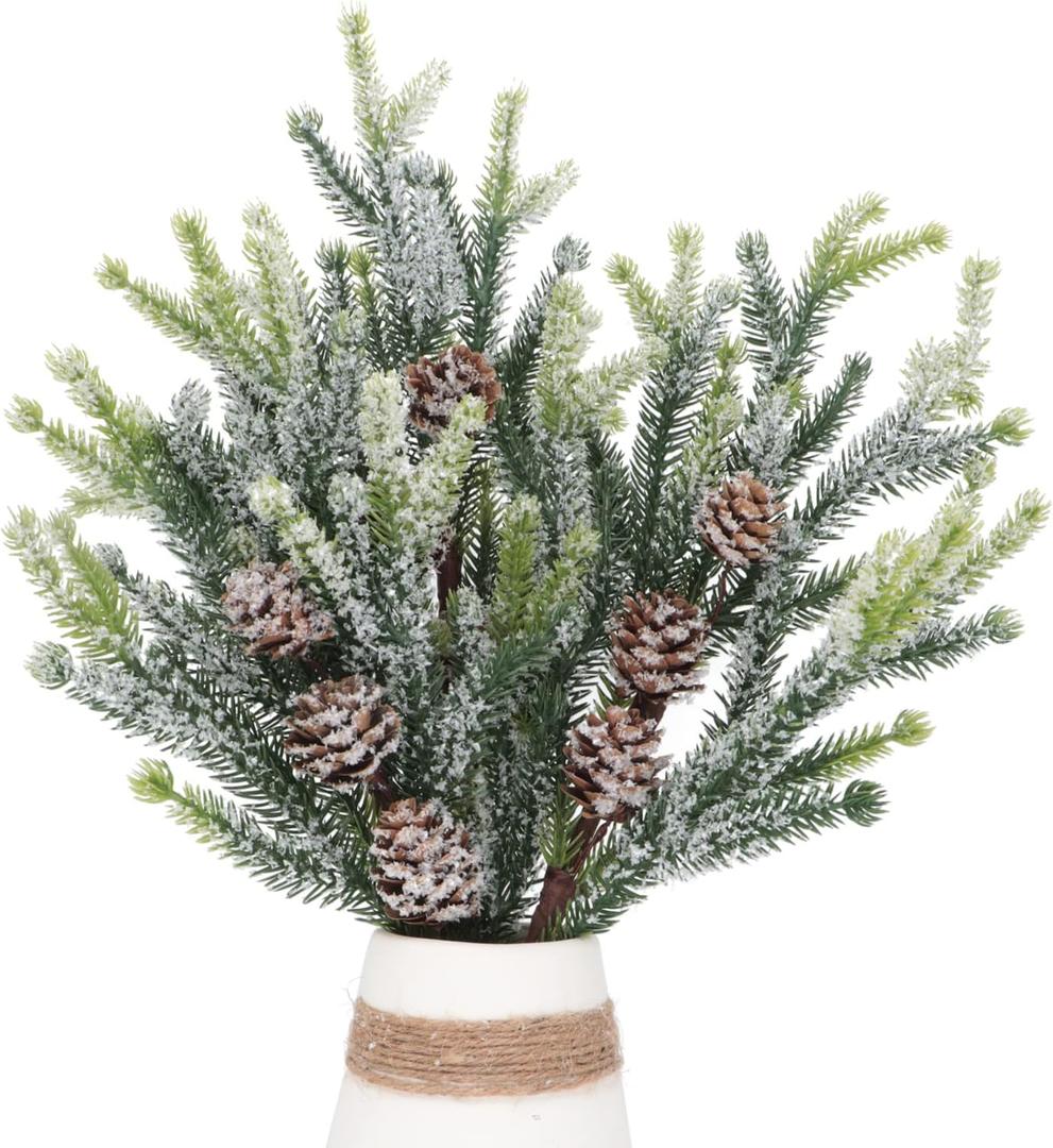 3Pcs Christmas Cypress Pine Picks Frosted Artificial Pine Tree Branches with Pinecones Winter Snow Plants Sprays Holiday Pine Stems Twigs Flower Arrangement Vase Filler Xmas Tree Picks 14.5" Tall (3)
