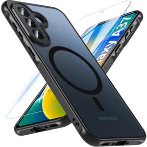 Hensinple Magnetic for Samsung Galaxy A37 5G Case with Screen Protector,A37 5G Case[Compatible with MagSafe] Translucent Matte Military Grade Protection Cover Phone Case for Galaxy A37 5G(Black)