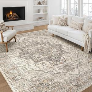 Area Rug 8x10 Washable Vintage - Soft Traditional Rugs for Living Room Large Non Slip Backing with Low Pile Farmhouse Oriental Retro Carpet for Bedroom Dining Room or Home Office - Light Brown