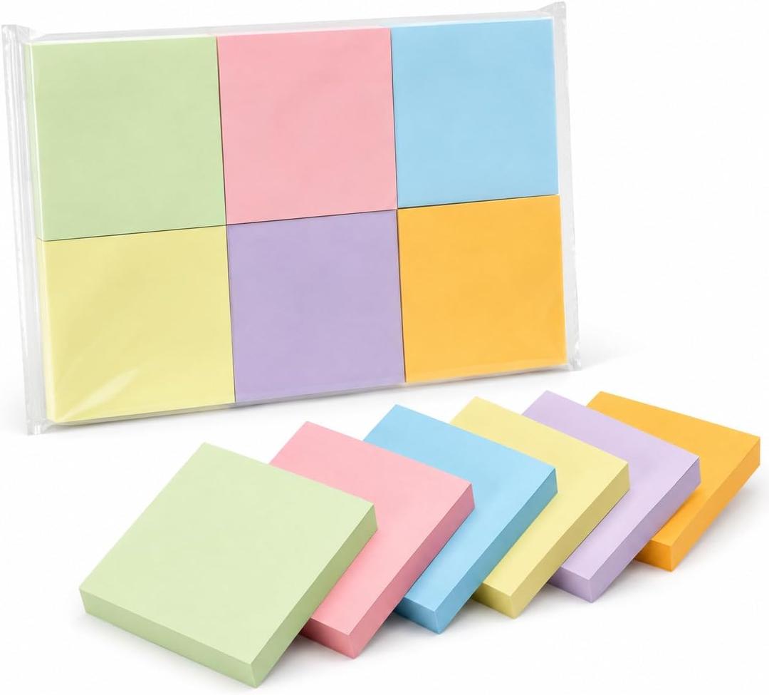 Sticky Notes for Office School Home, 6 Pads 100 Sheets Each, Super Sticky Bright Color Memo Pads, 3x3 Inches Easy Peel Self Stick Notes