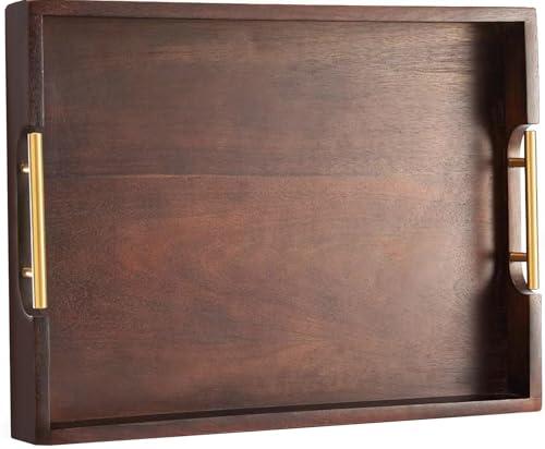 Joy&Grace Ottoman Tray for Living Room 16.7 x 12.8 inch Large Acacia Wooden Serving Tray with Handles for Coffee Table, Breakfast in Bed, Food Dinner, Decorative Rectangular Tray (Dark Brown)