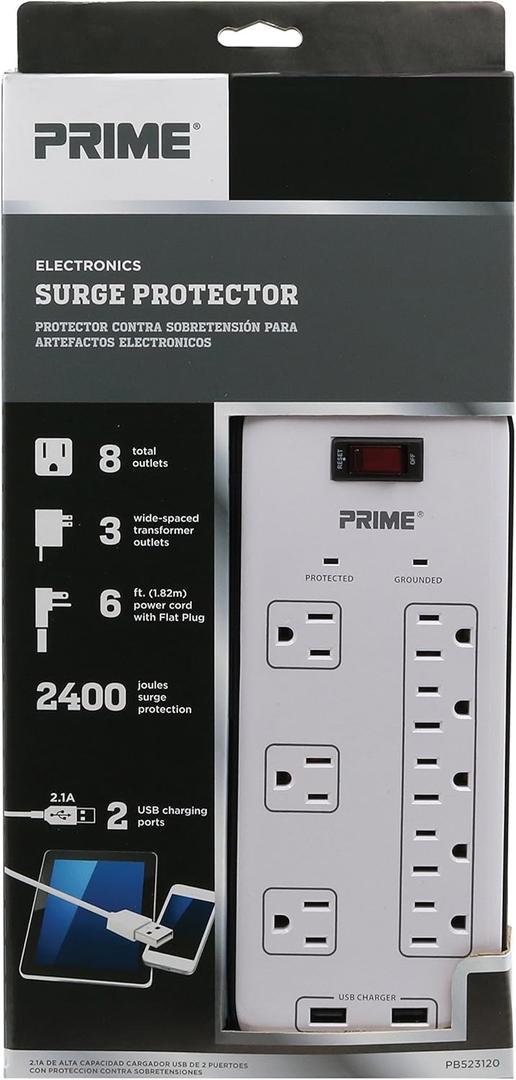 Prime Wire & Cable Prime Wire PB523120 8-Outlet Electronics Surge Protector with 14-3 SJT 6 Foot Cord, White