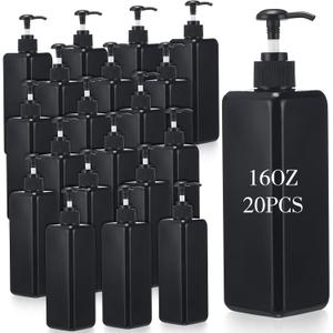 20 Pack 16oz/ 500ml Plastic Empty Bottles Refillable Shampoo Containers with Pump Lightweight Square Soap Dispenser Bottles for Essential Lotions, Shampoos, Conditioner, Massage Oil (Black)
