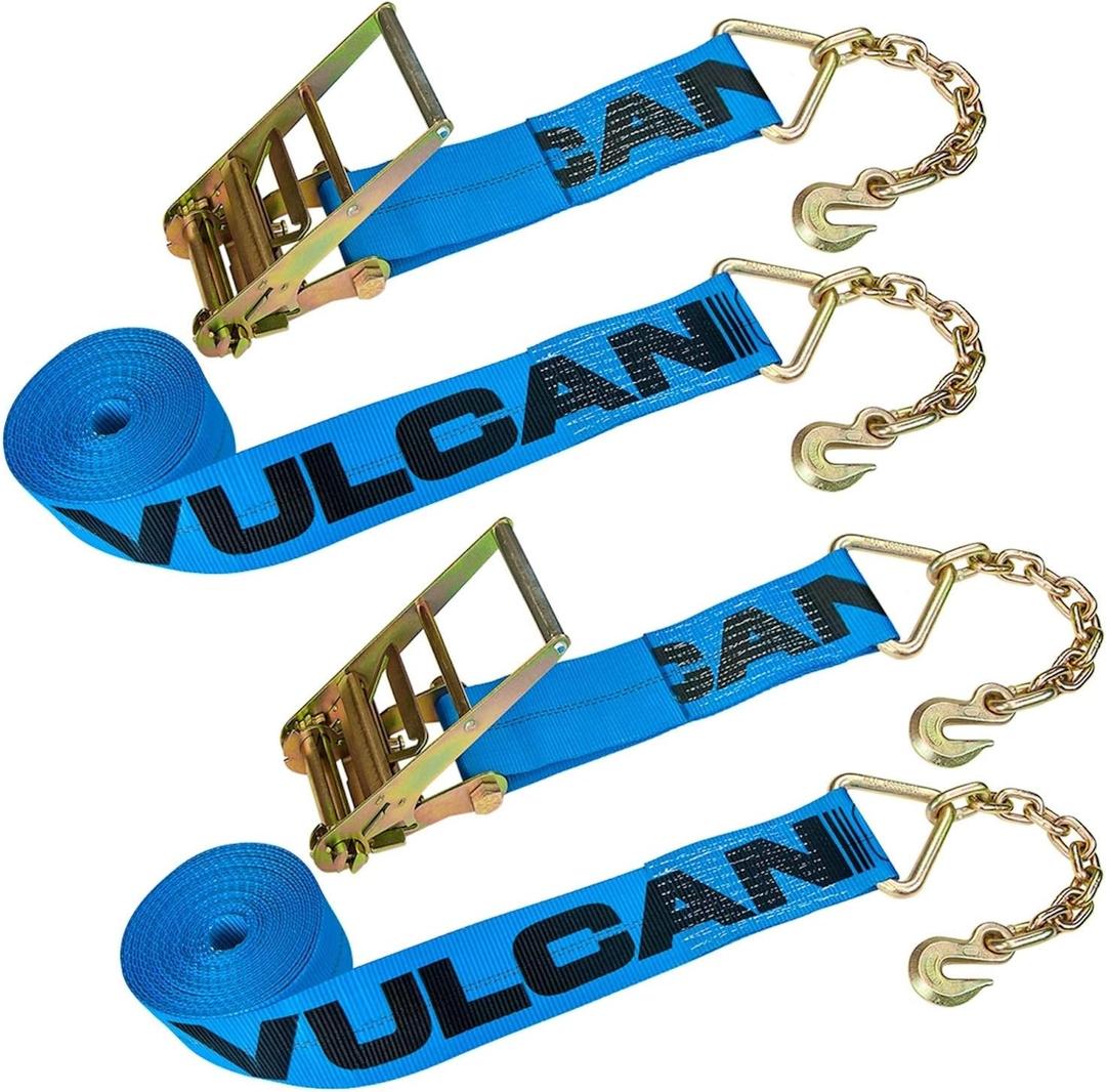 VULCAN Ratchet Strap with Chain Anchors - 4 Inch x 30 Foot - 2 Pack - 6,600 Pound Safe Working Load