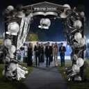 SmoothNovelty Black and Silver Prom 2026 Backdrop Decoration Set Include Grad Cap, Door Cover Kit, Tinsel Foil Curtain, 9.5 x 8.2FT Photo Booth Background Banner for Grad Graduations Party Favors