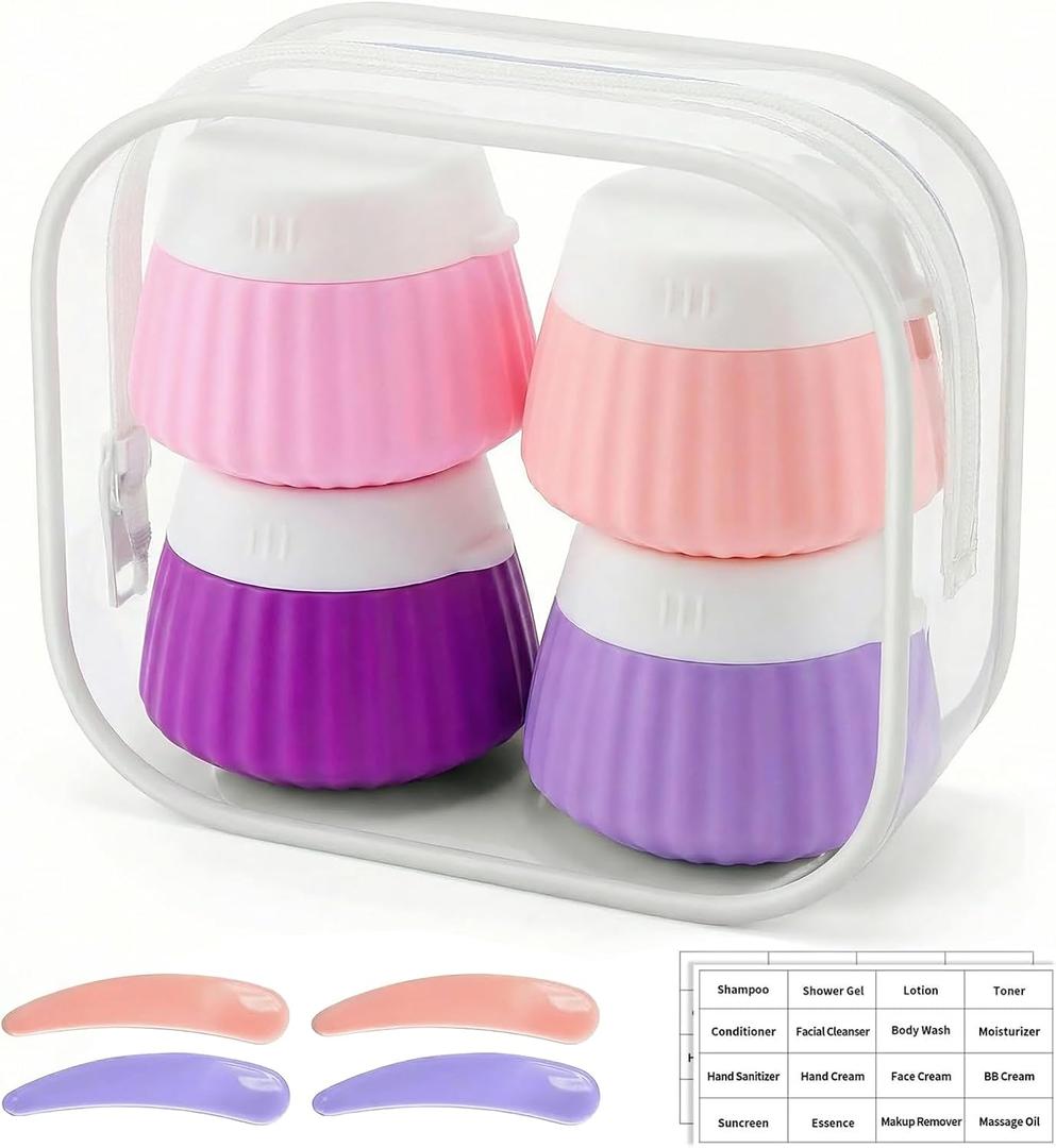 Travel Toiletry Containers, Silicone Leak-Proof Refill able Jars with Clear Bag for Vacation Camp Plane Trip4 Pack (EXP 11/27/36)