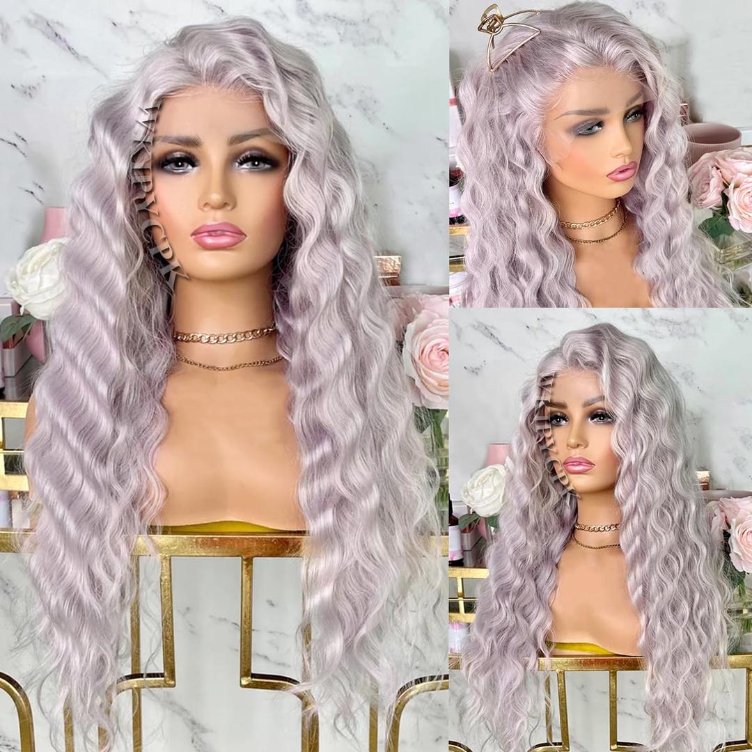 Light Ash Purple Lace Front Wigs for Fashion Women 24 Inch Loose Deep Wave Hair Gray Purple Synthetic Lace Front Wigs Pre Plucked Natural Hairline