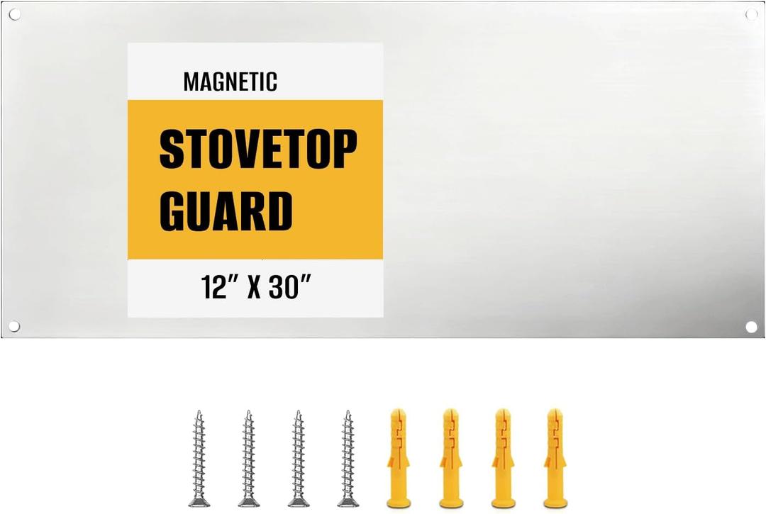 Simetro 12" x 30" Magnetic Stainless Steel Stove Backsplash, Brushed Metal Wall Protector for Kitchen, Ultra Flat Splatter Guard Panel with 4 Pre-Drilled Holes, Easy to Install & Clean, Heat Resistant