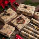 YANGTE Vintage Christmas Wrapping Paper Rolls, Brown & Black Wrapping Paper Christmas with Twine and Greeting Cards, 4 Rolls Holiday Gift Wrapping Paper, 17 x 120 inch per Roll