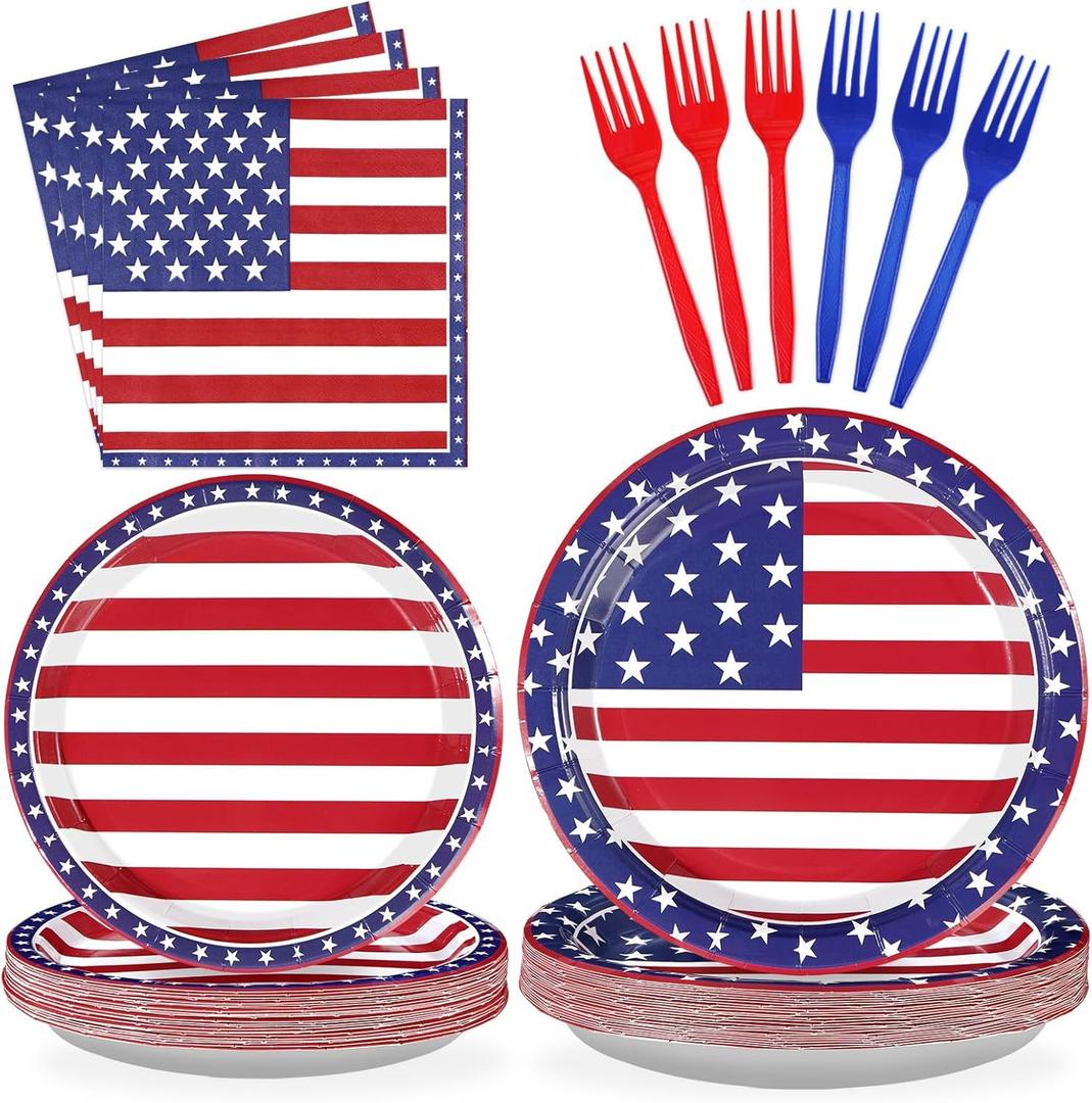 Grencian 4th of July Party Decorations - 96Pcs Patriotic Vibrant American Flag Supplies Memorial Day Plates and Napkins Independence Day US Flag Disposable Tableware for Patriotic Party Serve 24