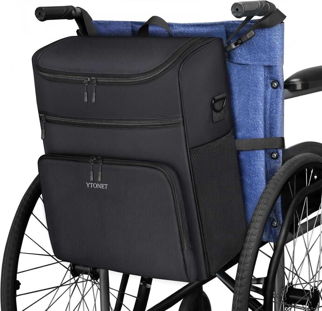 Ytonet Wheelchair Bag, Wheelchair Storage Bag to Hang on Back Walker Accessories Insulated Pockets Removable Shoulder Strap 3 Ways Carry Easy Install, 16" L x8.5 W x 17" H Black