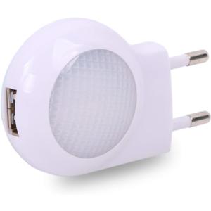 EU 2-pin Plug - Portable Plug-in 0.7W Travel LED Night Light with USB Wall Charger - 2 Pack of White