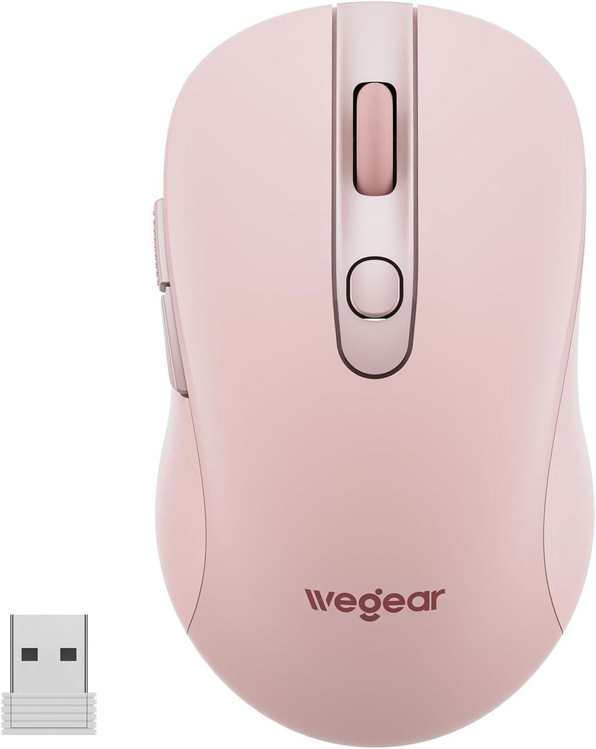 Wegear USB Wireless Mouse for Laptop PC Mac, 2.4GHz Cordless Mouse with 6 Buttons, 5-Level Adjustable 4000 DPI, Ergonomic Portable Optical Computer Mice, 24-Month Battery Life-Pink