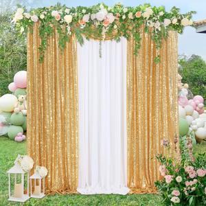 Sequin Backdrop Curtains 2 Pcs 2ftx8ft Gold Glitter Drapes 2 Pcs White Chiffon Backdrops for Wedding Party Background (Pack of 4)