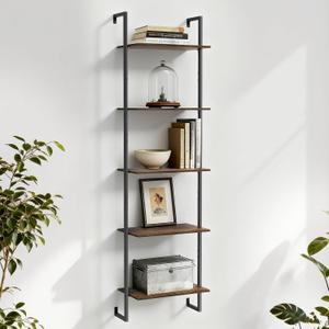 5 Tier Wall Mounted Bookshelf, 15.74" D x 9.44" W x 62.99" H, Narrow Ladder Bookcase with Metal Frame for Home Office, Living Room, Study, Industrial, Brown