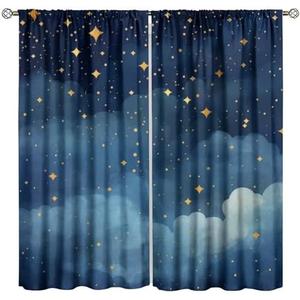 Djaby Night Sky Stars Curtain for Kids, Blue Starry Space Galaxy Pattern Window Treatments for Boys Girls Bedroom Toddlers Room Living Room Decor 42" W X 45" L