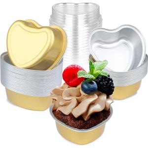 Mini Cake Pans 3.5oz Aluminum Foil Heart Cake Pan with Lids, 50 pcs Disposable Small Heart Baking Pan Gold for Valentine Weddings Birthday